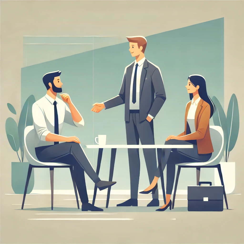 DALL·E 2024-08-19 10.56.03 - A professional-looking illustration representing conversation and collaboration in a business setting. The scene should feature three people engaging
